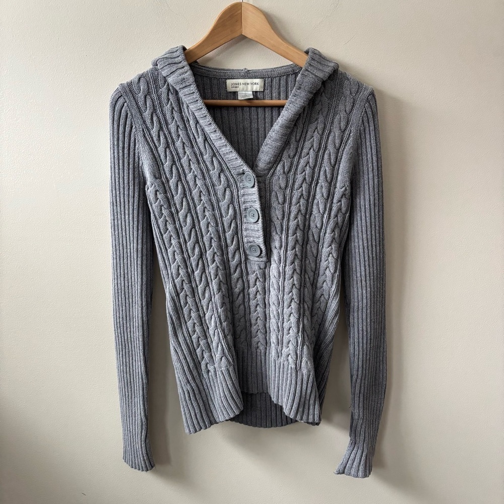 Jones New York Gray Hooded Cable Knit Sweater